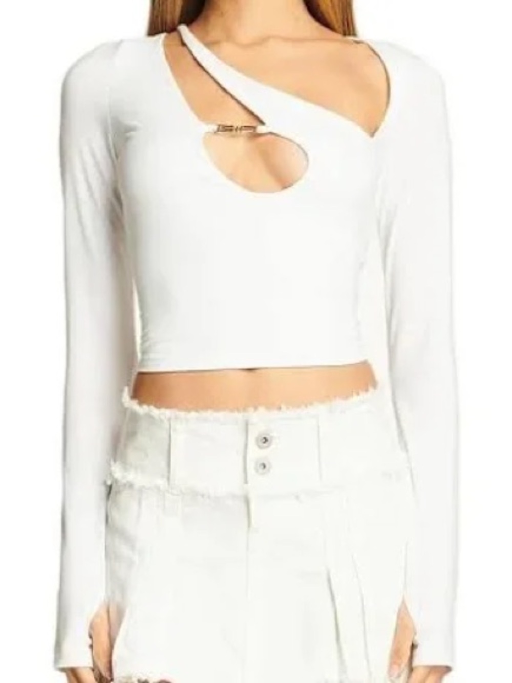 I.AM.GIA Silene White Asymmetrical Cut-Out Long Sleeve Bamboo Blend‎ Crop Top